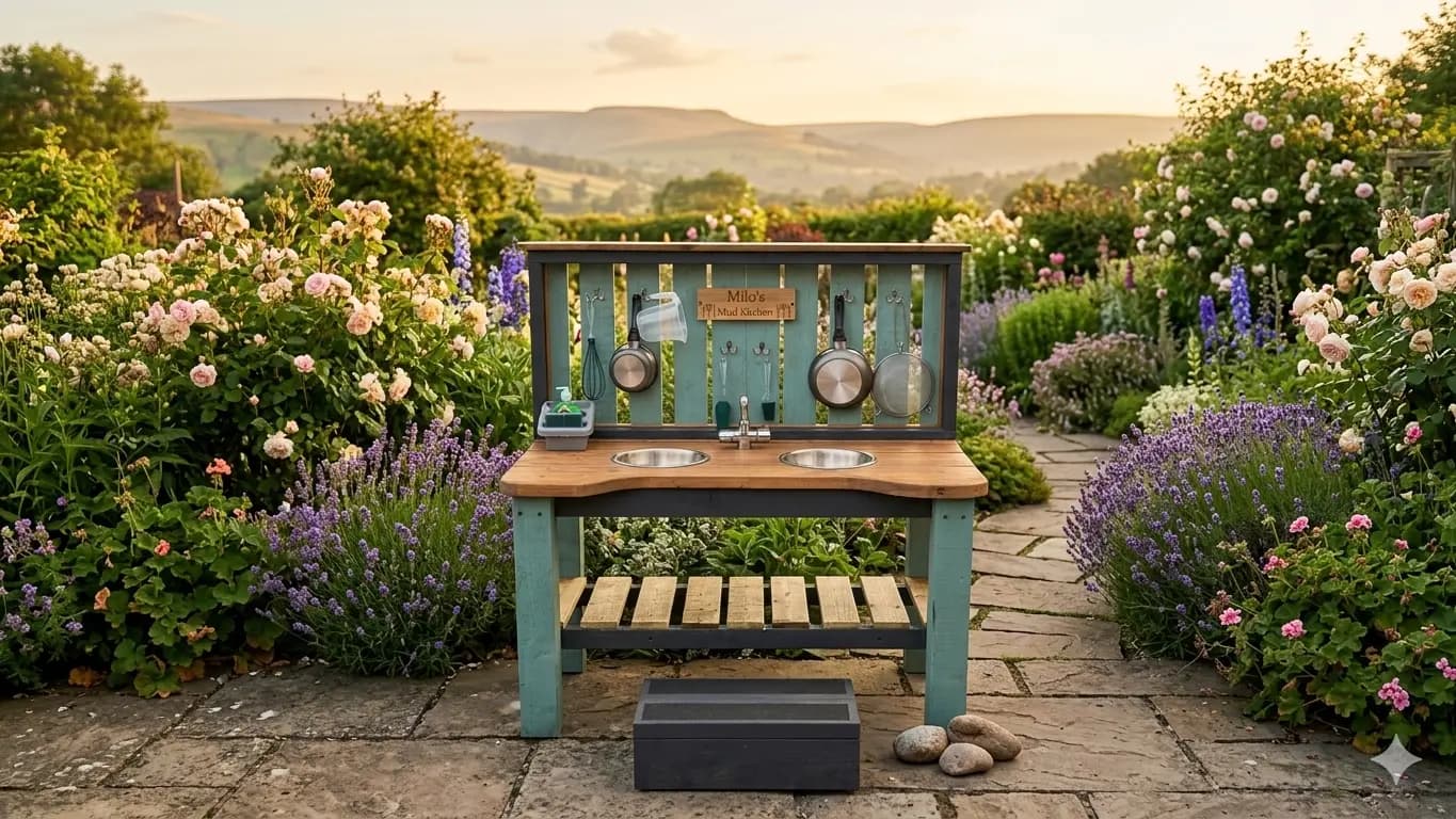 Handcrafted mud kitchen by Timber & Twig, set in a beautiful Peak District garden