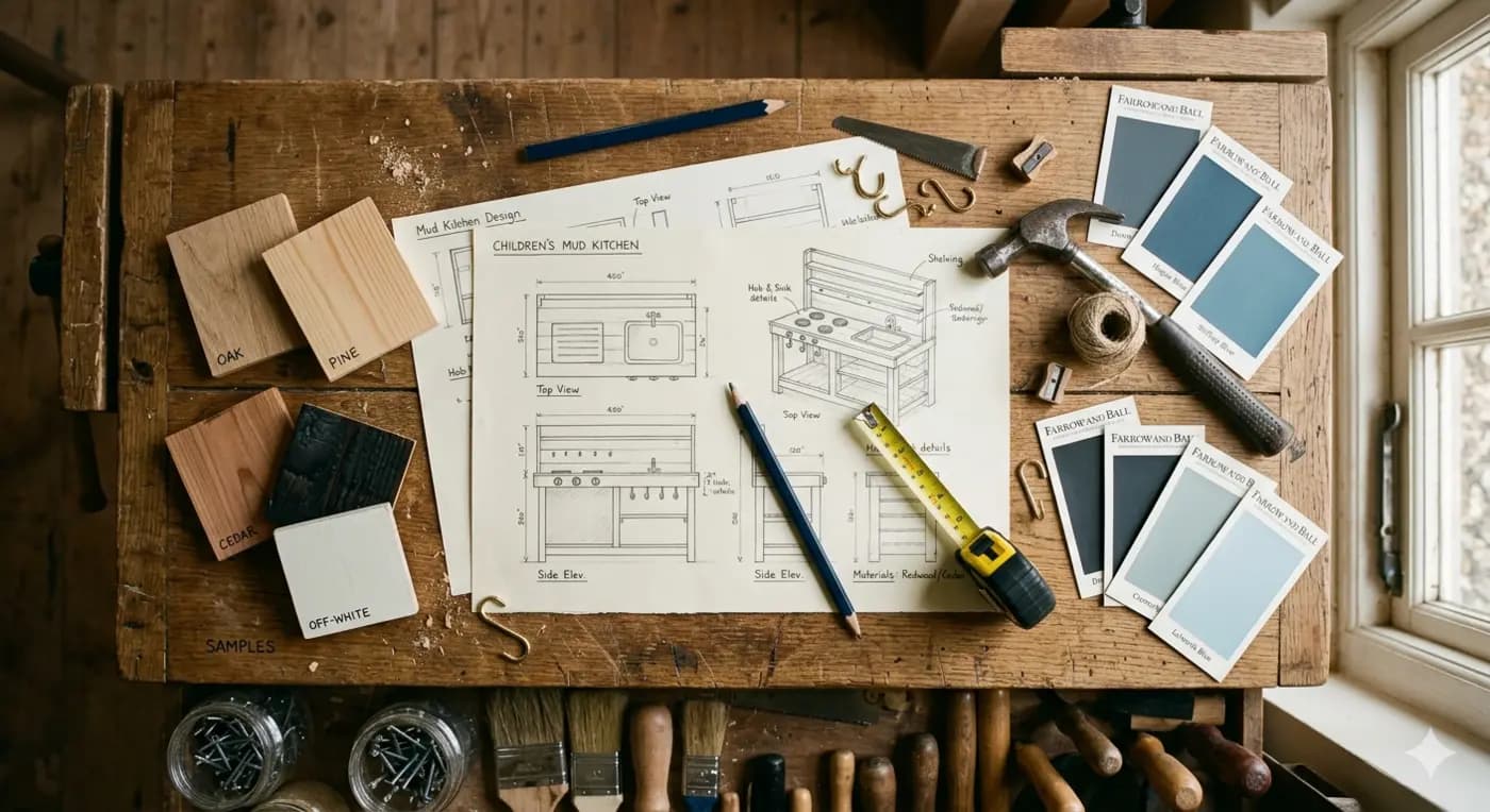 Bespoke mud kitchen design plans, timber samples and Farrow & Ball colour swatches in our Derbyshire workshop