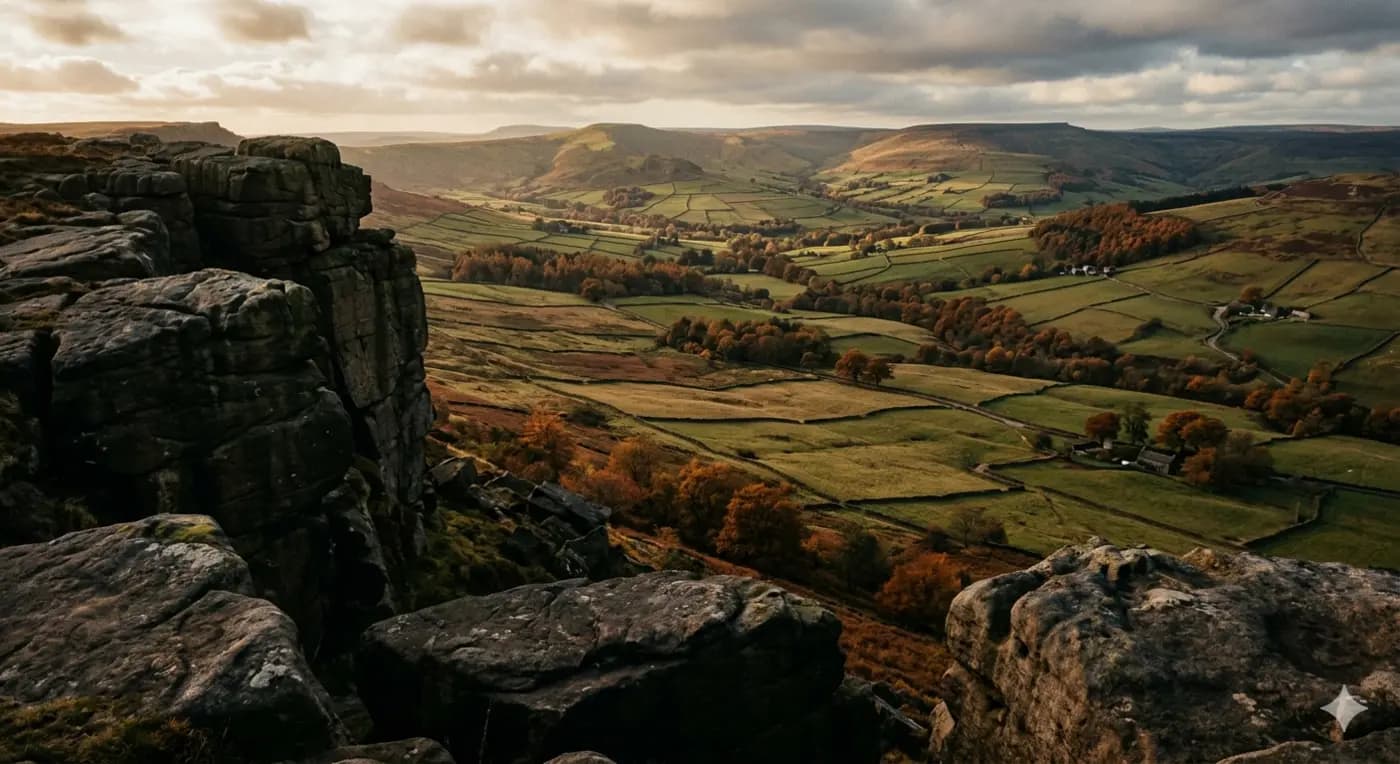 Gritstone edge overlooking a Derbyshire valley — the Peak District landscape that inspires every Timber & Twig kitchen